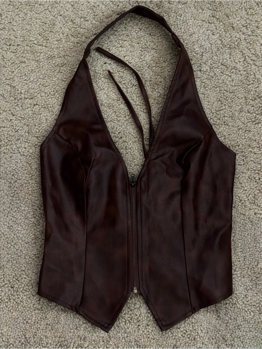 SHEIN Dark Brown Faux Leather Halter Zip-Front Crop Top